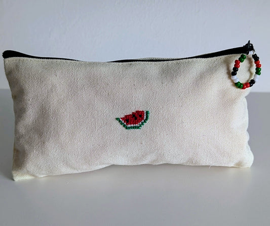 Cotton canvas pouch hand embroidered with watermelon.